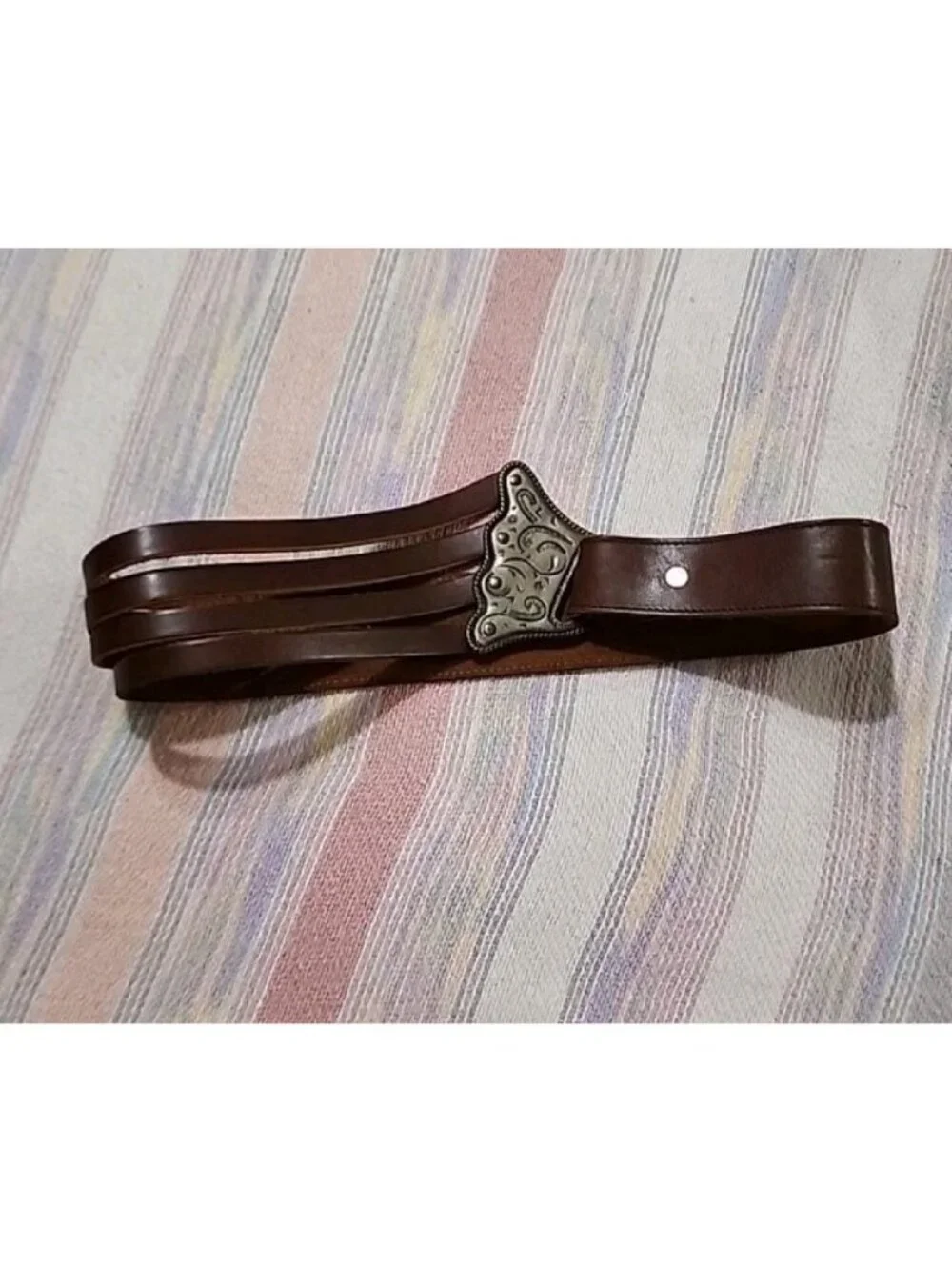 Vintage Leather Belt Etched Filigree Asymmetrical Buckle BOSTON 1987 USA Rare